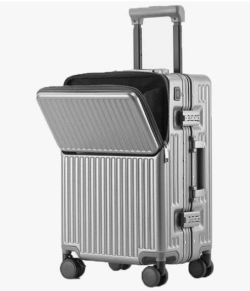 Silver Aluminum Hard-Shell Rolling Suitcase with Front Compartment ...