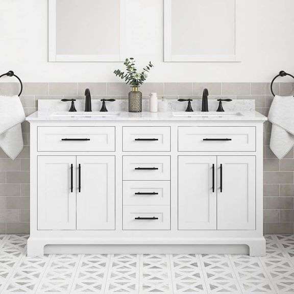 HOME DECORATORS COLLECTION - Doveton 60 in. Double Sink Freestanding White Bath Vanity with White Engineered Marble Top (Assembled) - SEE PRODUCT DETAILS
