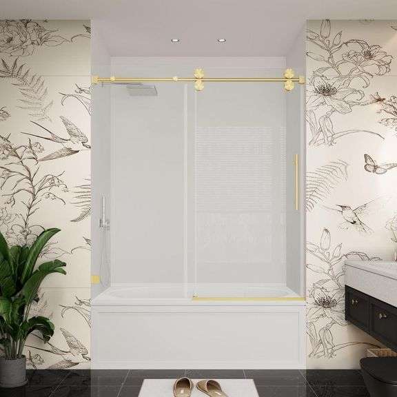 YINVANI - 60 in. W x 66 in. H Single Sliding Frameless Bypass Bathroom Tub Door in Brushed Gold with Easy-Clean 3/8 in. Glass