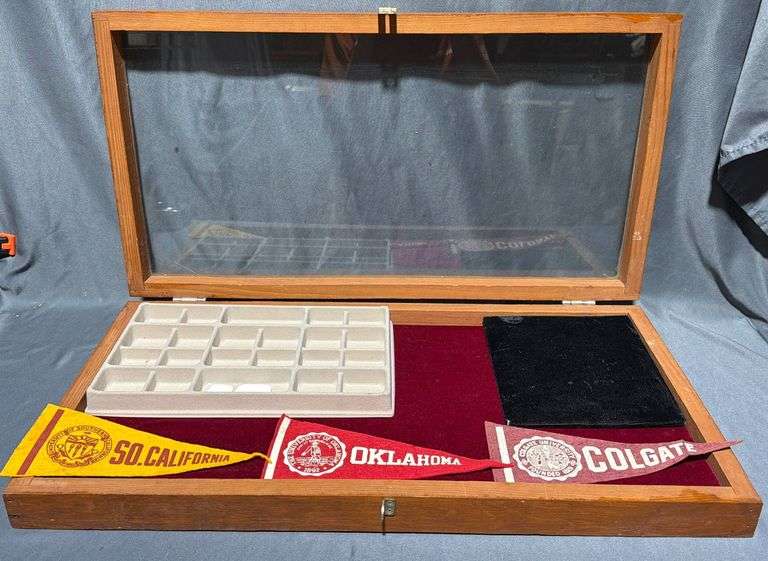 Collegate Store Display Glass-Top Display Case with Felt Interior & Collegiate Pennants 24.2” L ...