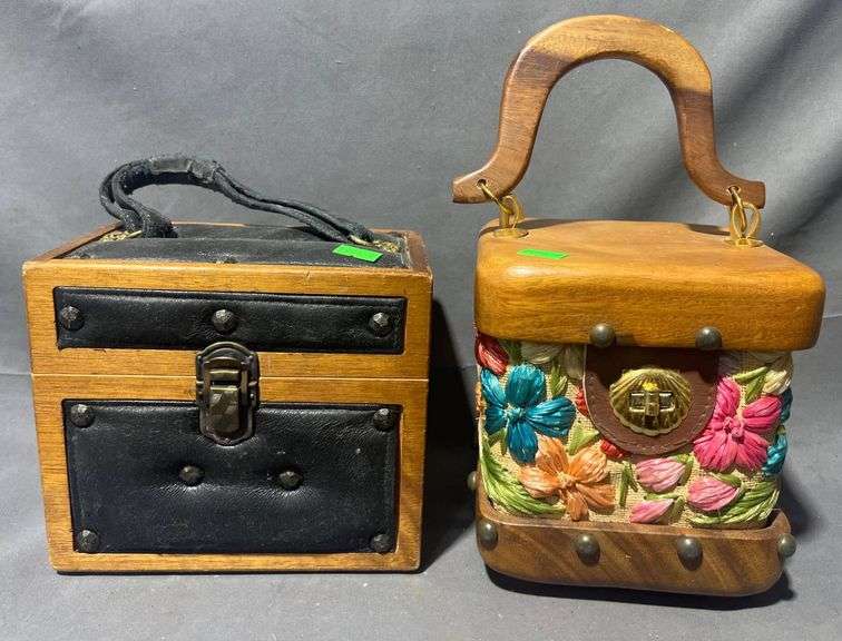 Acsent Box 2 Wood, Handled Sewing Boxes: Embroidered Floral Box and Leather Accent ...