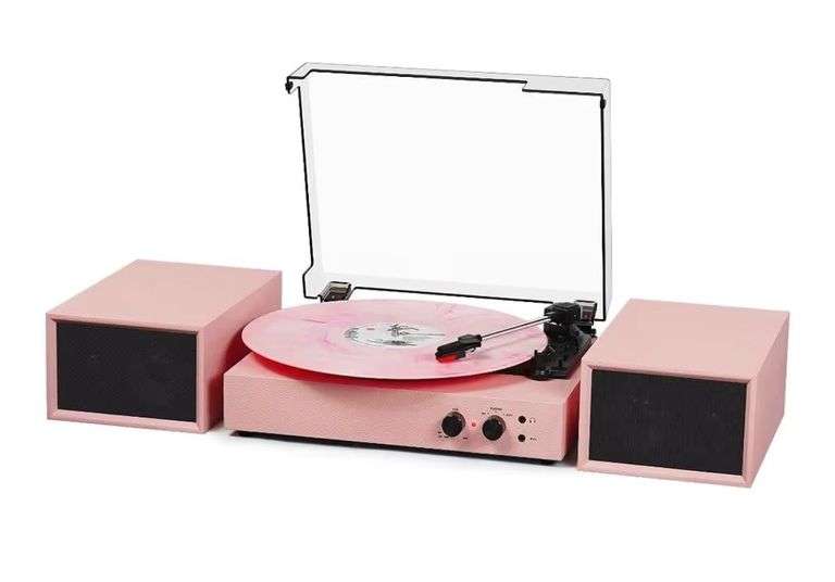 Pink Turntable with Built-In Speakers and Removable Dust Cover. 7 ...