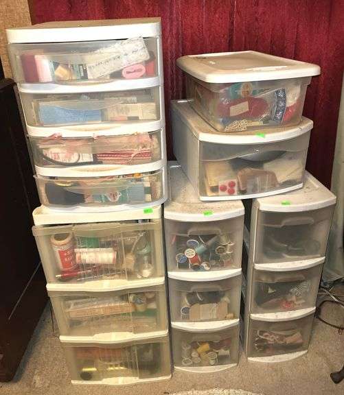 Plastic organizer drawers with thread, ribbon, craft supplies, misc ...