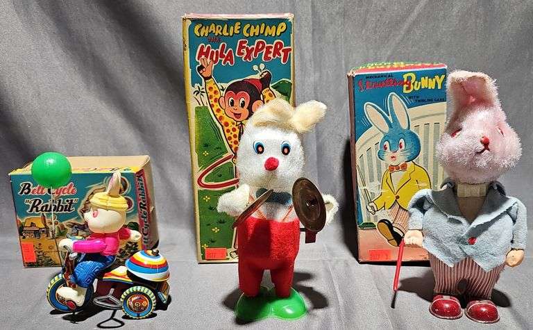 Charlie Classic Rabbit Bell Cycle Rabbit, Mechanical Strutting Bunny & Charlie Chimp The Hula ...