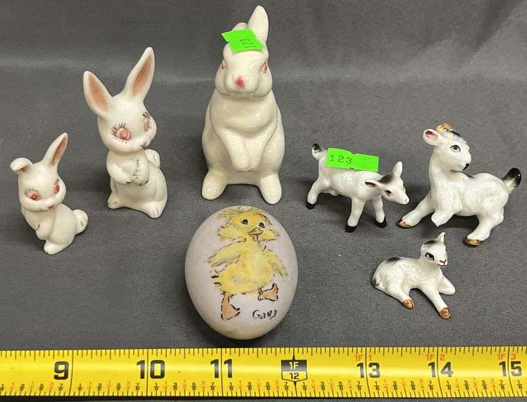 Porcelain  Rabbits and Goats - Some Damage, Chick Painted Egg Signed Fran anderson 1972