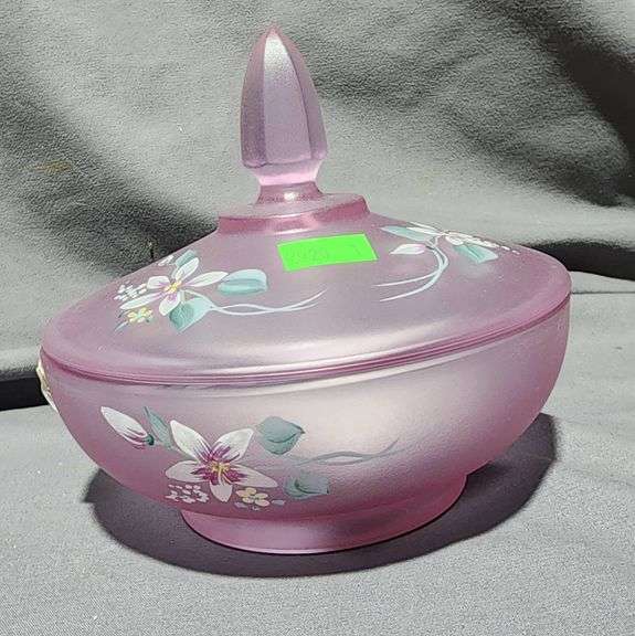 Fenton 2000 HandPainted Pink Frosted Glass Covered Box with Floral