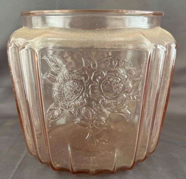 Pink Glass Jar with Floral Embossed Design and Ribbed Sides - Metzger ...
