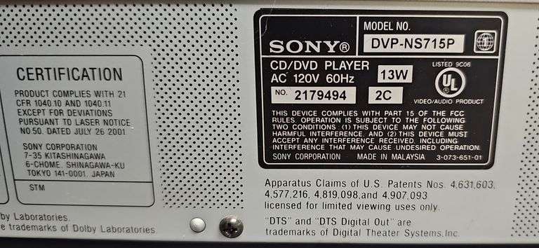 Sony CD/DVD Player Model: DVP-NS715P (untested) - Metzger Property ...
