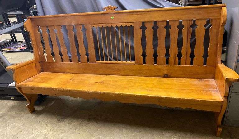 Long Bench with Slatted Backrest and Carved Details 86”L, 41”H ...