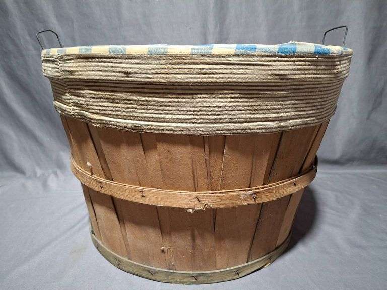 Round Slat Basket with Blue Gingham Cloth Lining and Metal Handles ...
