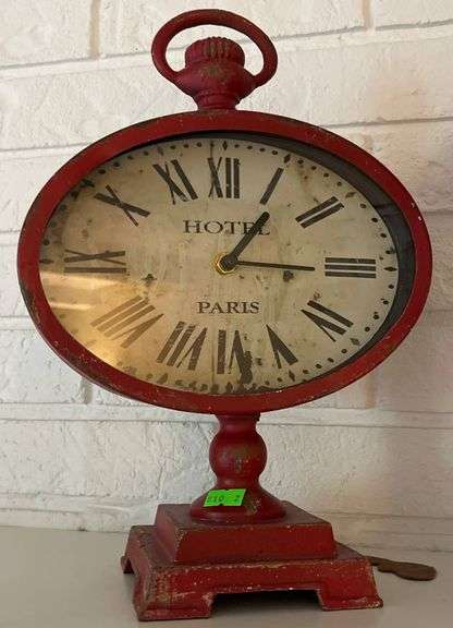 Red Metal Table Clock and White Wood and Glass Lantern Set
