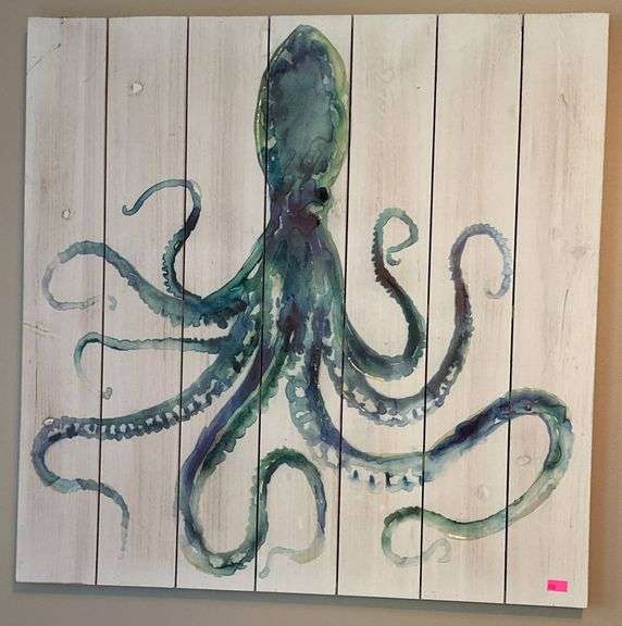 Octopus Illustration on Painted Slatted MDF Wall Art