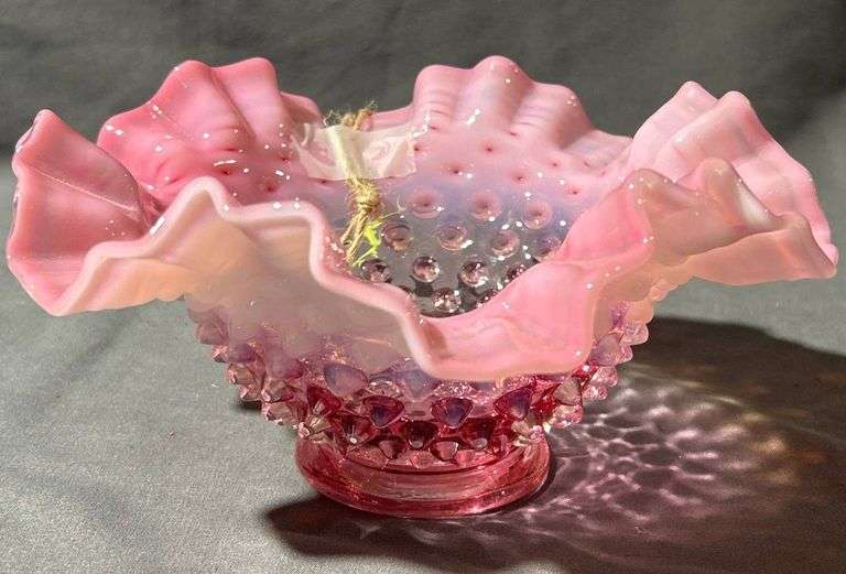 Fenton Opalescent Pink/Cranberry Hobnail Glass Bowl with Ruffled Rim ...