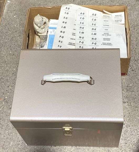 Metal Storage Box with Alphabetized File Dividers & Household Items ...