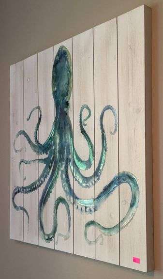 Octopus Illustration on Painted Slatted MDF Wall Art