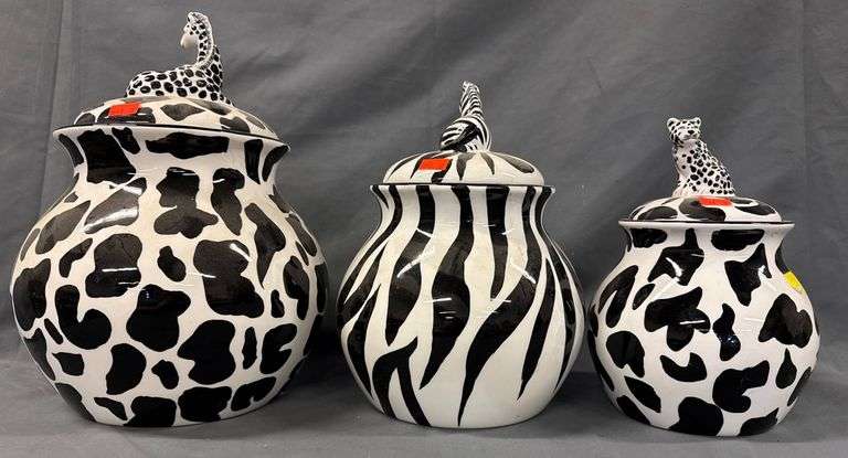 Set of Three Ceramic Jars with Animal Patterns and Figural Lids ...