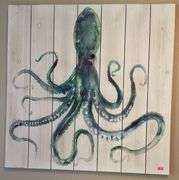 Octopus Illustration on Painted Slatted MDF Wall Art
