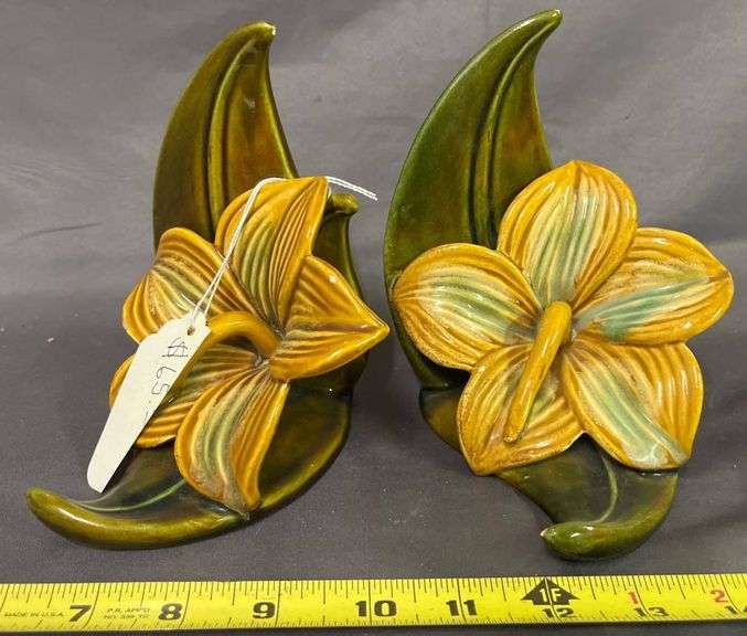Royal Haeger Floral Bookends with Green and Yellow Glaze – has some chips