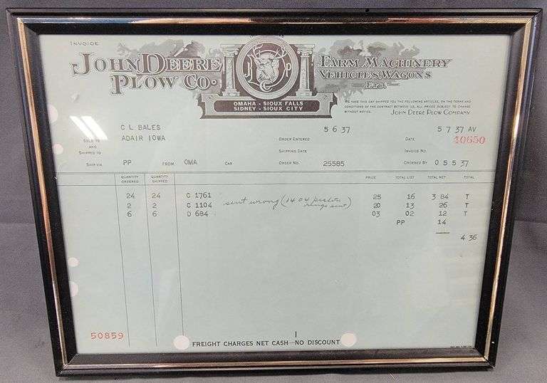 Framed John Deere Plow Co. Invoice Document Display