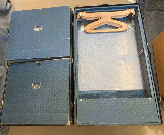 Black Trunk with Brass Hardware and Blue Interior, 3 broken leather handles (rolling cart not included) 36x21x12″