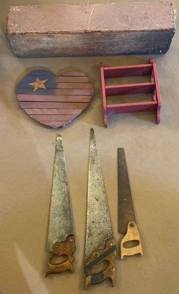 Three Hand Saws, Red Display Shelf, Heart-Shaped Wood Plaque, and Crate with Rope Handles