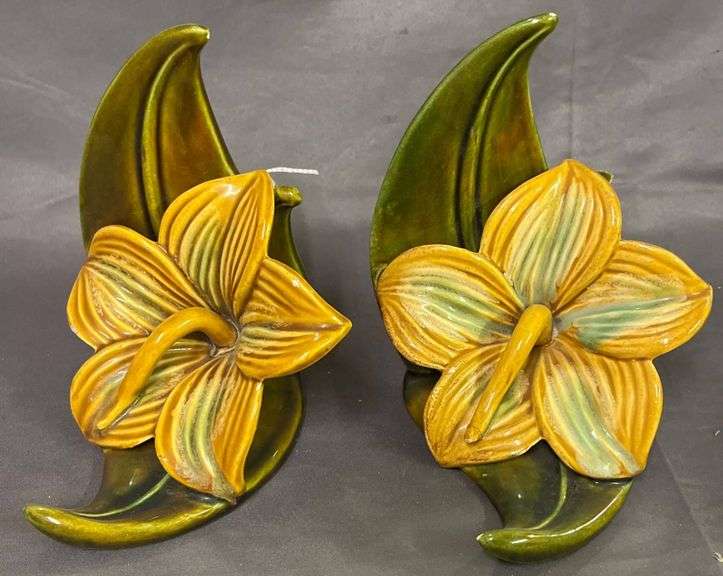 Royal Haeger Floral Bookends with Green and Yellow Glaze – has some chips
