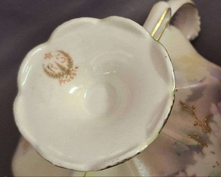 Porcelain Teapot and Red Star RS Prussia Sugar with Floral Motif and Gilded Accents