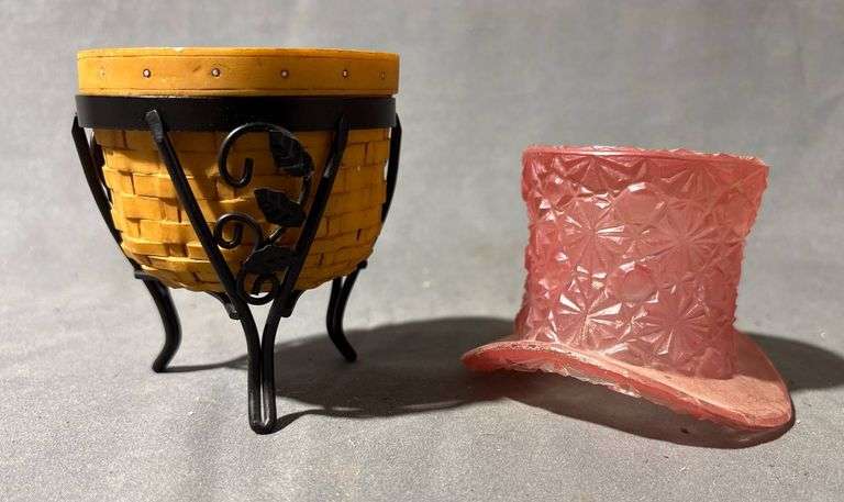 Basket Planter with Metal Stand and Pressed Glass Top Hat