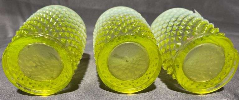 Three Vaseline Glass Hobnail Tumblers