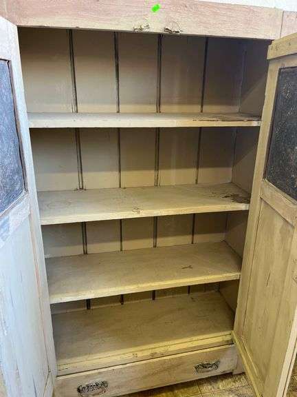 Two-Door Pie Safe with Metal Panels and Single Drawer 37x12x58″