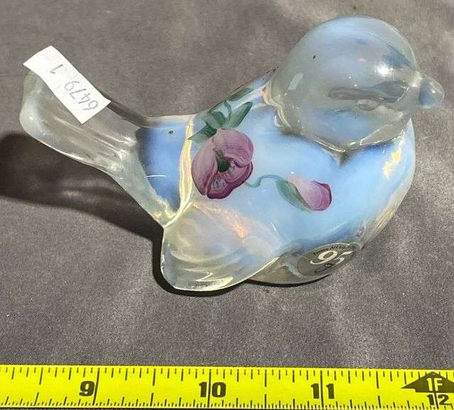 Fenton Art Glass Blue Bird Figurine With Floral Design
