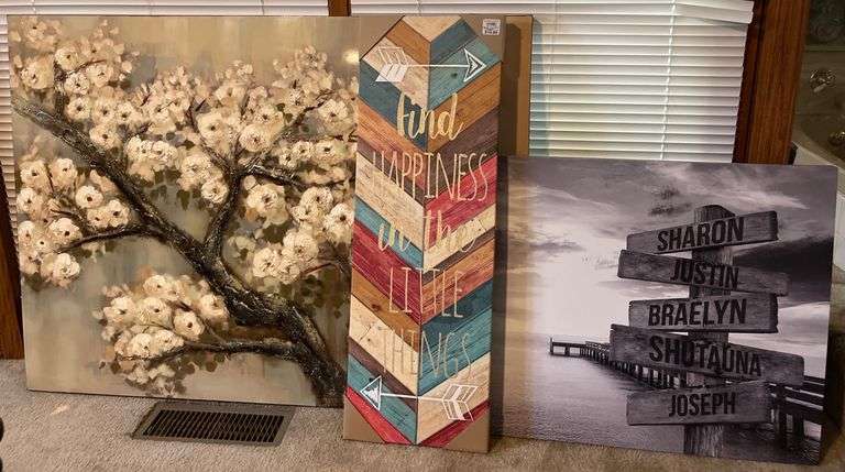 Three Mixed Media Wall Art Pieces Including Canvas and Printed Designs ...