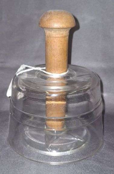 Glass Butter Press with Wood Handle and Star Motif