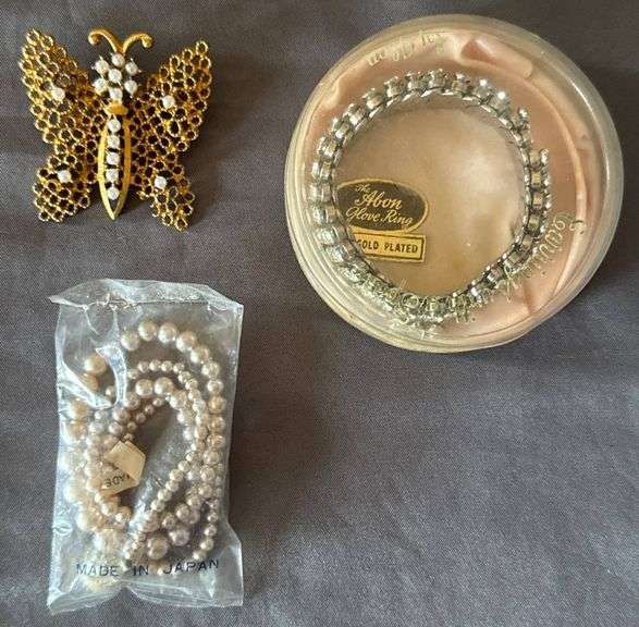 Butterfly Brooch, Pearl Necklace, and Rhinestone Bracelet Trio