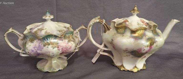 Porcelain Teapot and Red Star RS Prussia Sugar with Floral Motif and Gilded Accents