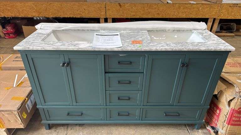 Home Decorators Collection
Merryfield 61 in. Double Sink Antigua Green Bath Vanity with White Carrara Marble Top top drawer does not open and has damaged back