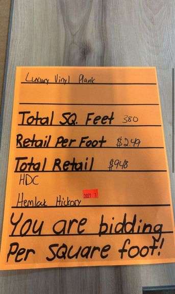 380 sq ft. Home Decorators Collection
 Hemlock Hickory 12 MIL x 7 in. W x 48 in. L Waterproof Click Lock Luxury Vinyl Flooring (23.8 sq. ft. / Case) you are bidding per square foot