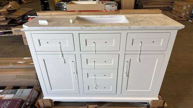 Home Decorators Collection
Doveton 48 in. Single Sink Freestanding White Bath Vanity with White Engineered Marble Top top is broken
