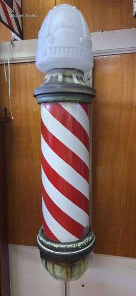 Enamel Wall-Mounted Barber Pole with Red and White Stripes 35in,  cast iron mount
