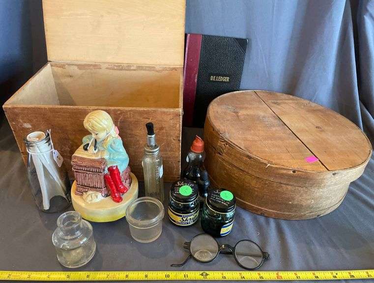 Household Items Including Glass Bottles, Wood Box, Ledger, and Decor ...