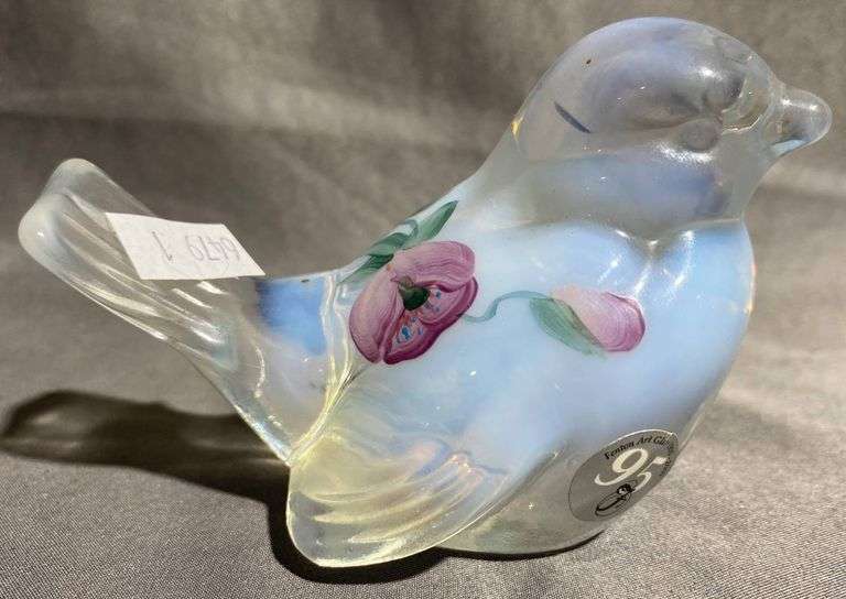 Fenton Art Glass Blue Bird Figurine With Floral Design