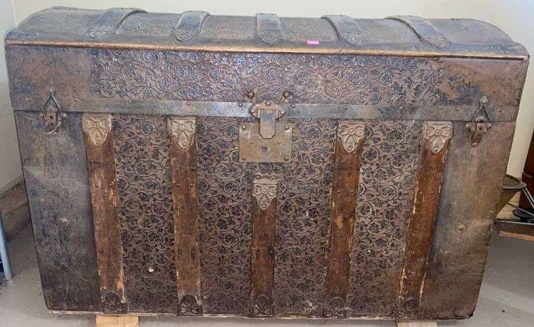 Metal-Bound Camel Back Trunk with Floral Embossing and Internal Hunting Scene Illustration, 36”x20”x25”H