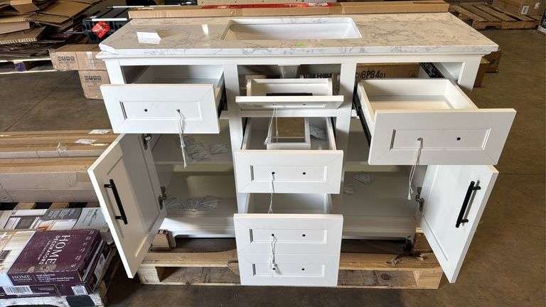 Home Decorators Collection
Doveton 48 in. Single Sink Freestanding White Bath Vanity with White Engineered Marble Top top is broken
