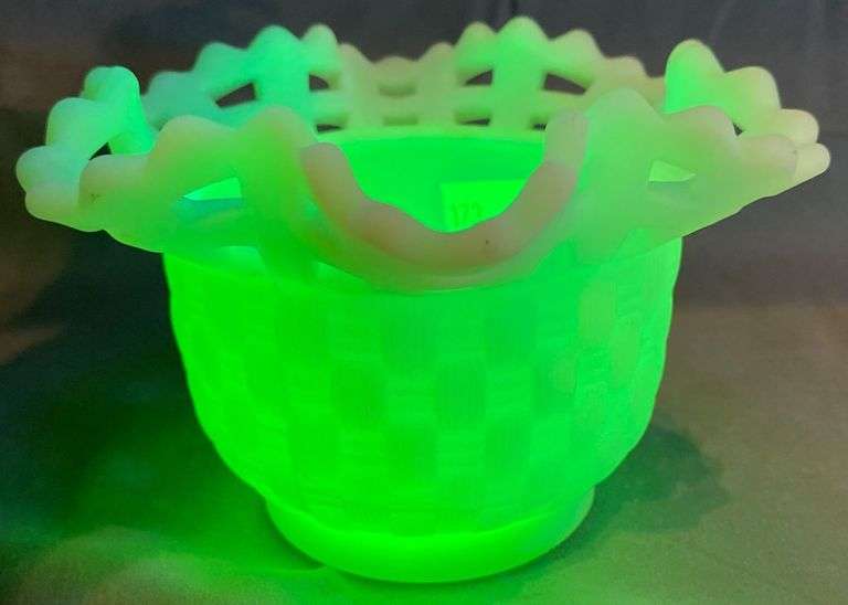 Custard Uranium Glass Bowl with Basketweave Pattern and Lattice Rim