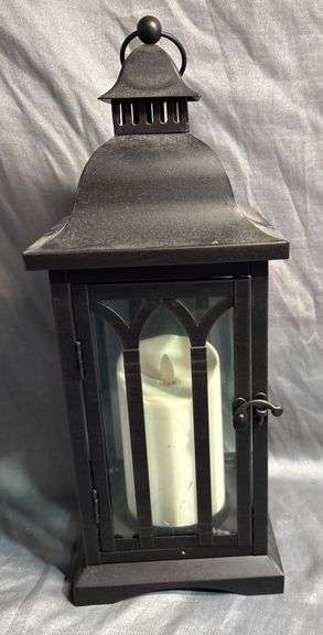 Metal Lantern with Glass Panels and Battery-Operated Candle 14″H