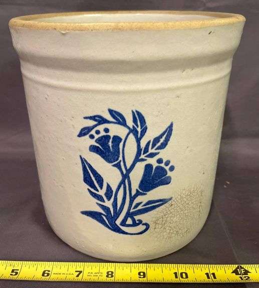 Stoneware Crock with Blue Floral Motif, 7 1/2×7 1/2 Inches