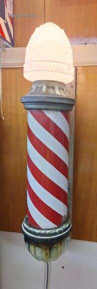 Enamel Wall-Mounted Barber Pole with Red and White Stripes 35in,  cast iron mount