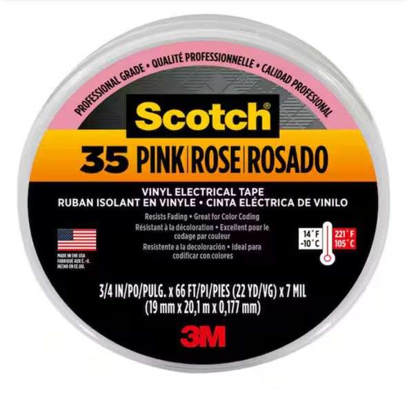 2- Scotch
3/4 in. x 66 ft. x 0.007 in. Vinyl Electrical Tape, Pink