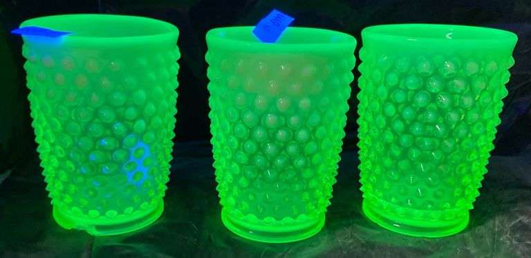 Three Vaseline Glass Hobnail Tumblers