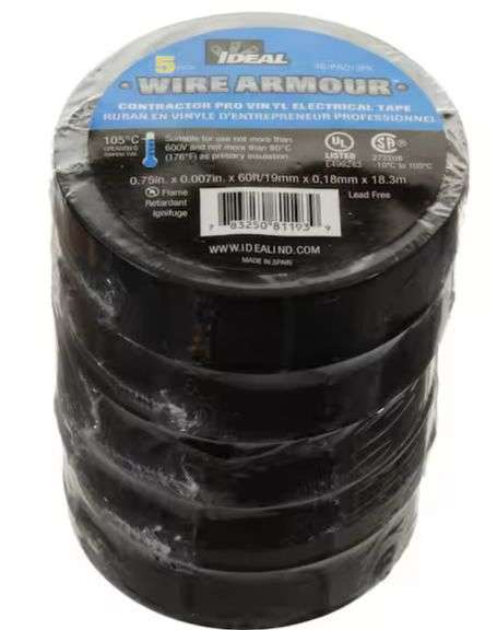 IDEAL
Wire Armour 3/4 in. x 60 ft. x 0.007 in. Contractor Pro Vinyl Tape, Black (5-Pack)
